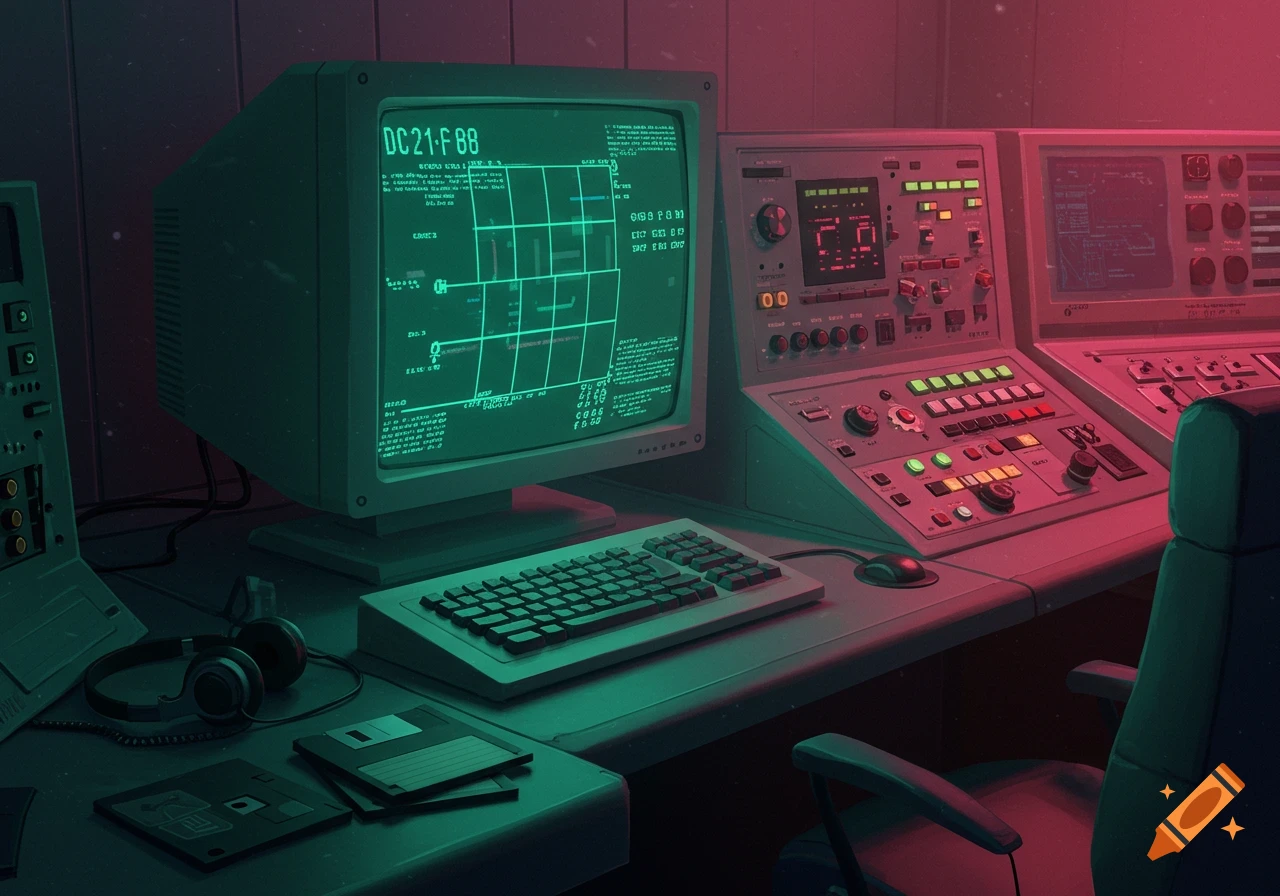 A retro-futuristic control room with a glowing green monitor displaying data, a keyboard, headphones, and floppy disks, lit by green and magenta light.