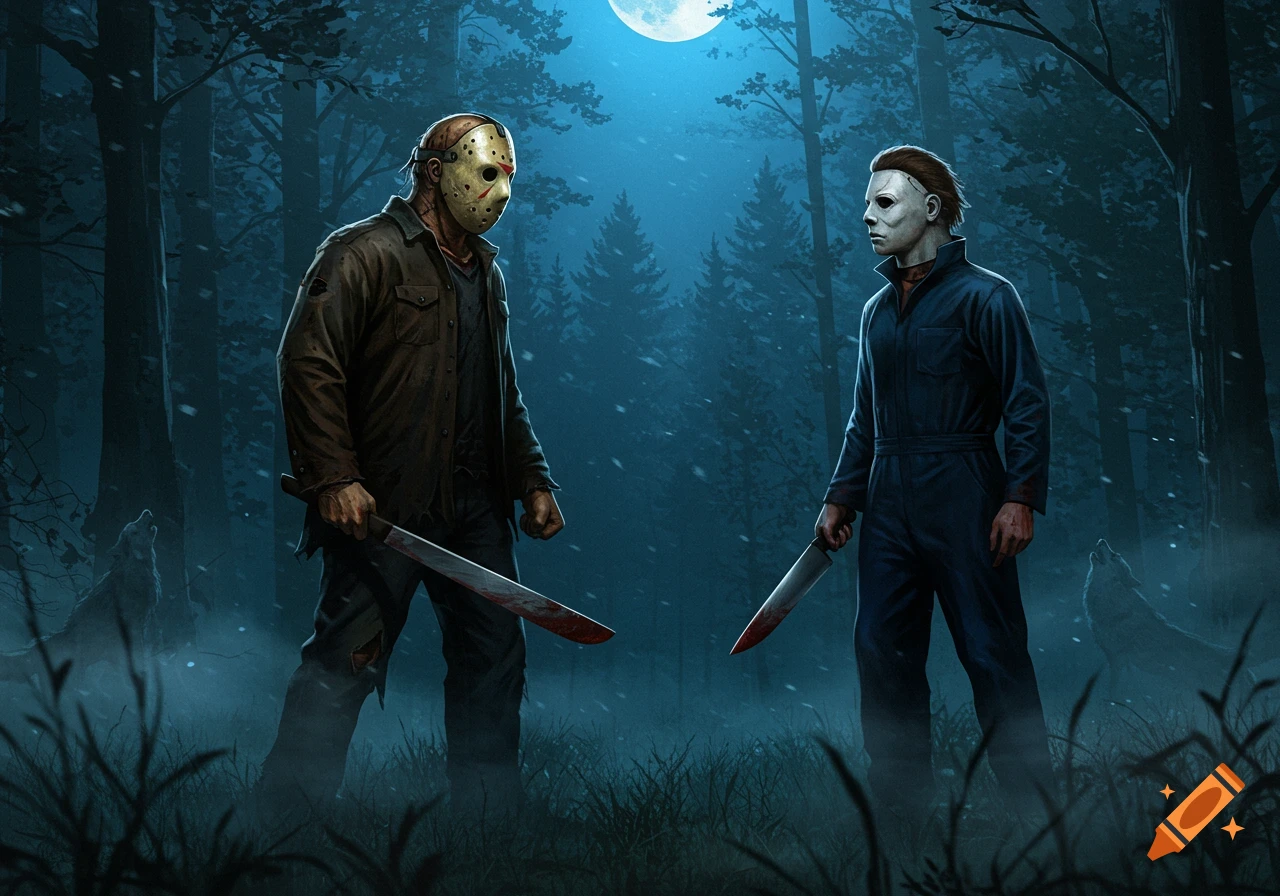 Jason Voorhees and Michael Myers face off in a dark, snowy forest under a full moon, holding bloody weapons, digital art.