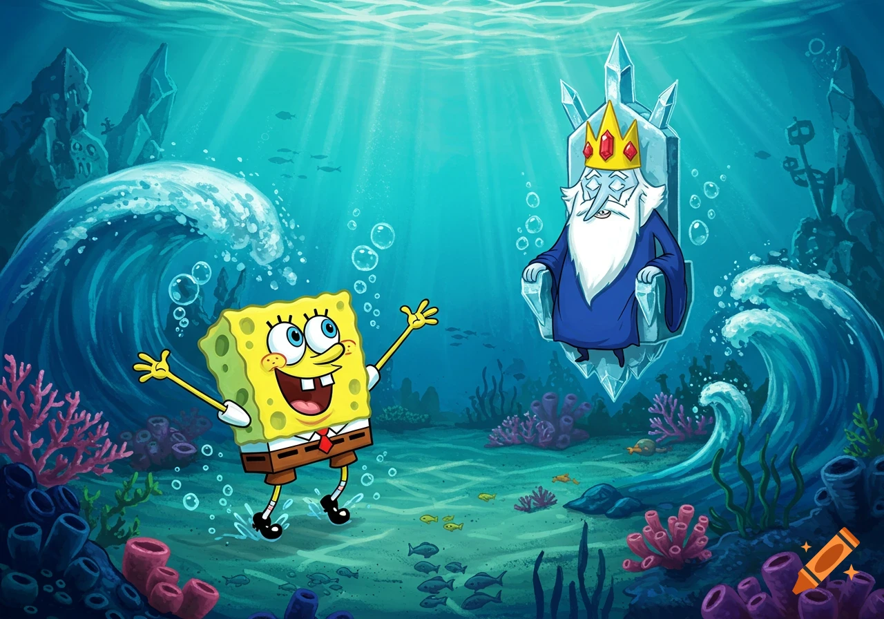 Spongebob Squarepants waves happily at Ice King sitting on an ice throne underwater with coral and fish.