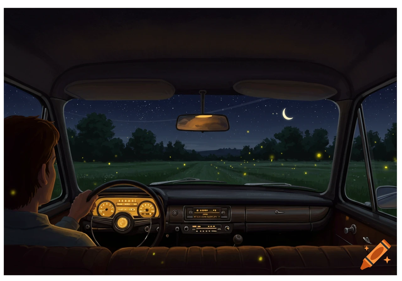 An illustration from inside a car at night, a person drives past a field glowing with fireflies under a starry sky and crescent moon.