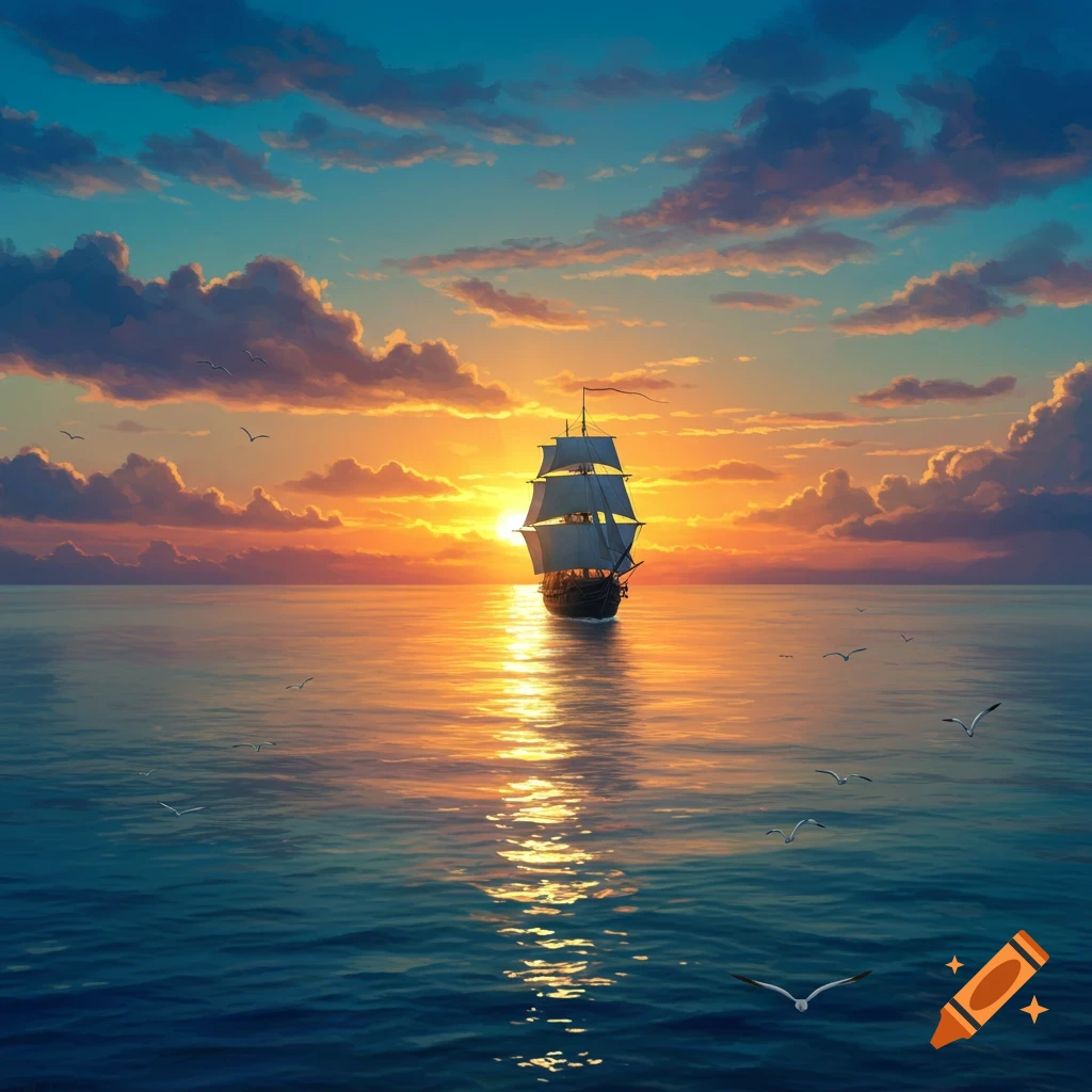 A painting of a sailboat on the ocean at sunset, with a golden sun reflecting on the water under a blue and orange sky.