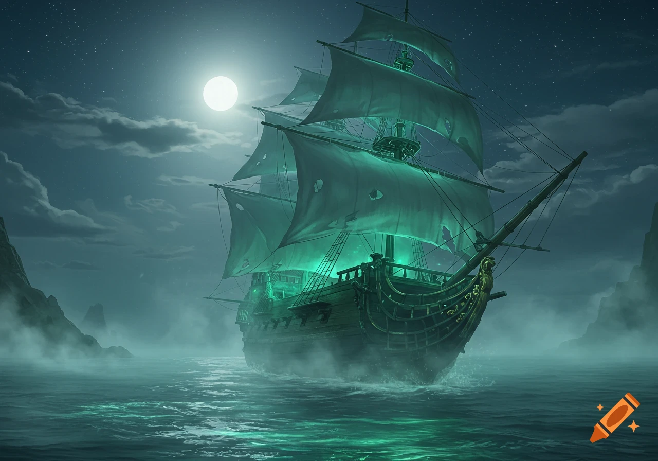 A ghostly pirate ship with tattered, glowing green sails floats on a misty, dark sea under a full moon and starry sky.