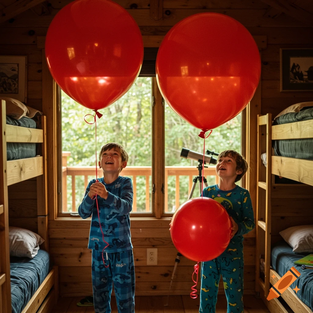 Two smiling boys in pajamas hold large red balloons inside a rustic wooden cabin with bunk beds and a window looking out to trees.