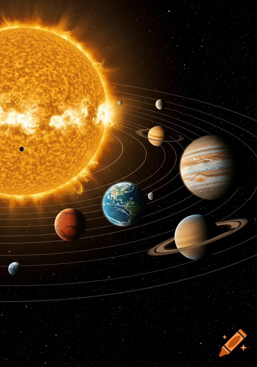 A detailed illustration of the solar system with the Sun, Mercury, Venus, Earth, Mars, Jupiter, and Saturn, all orbiting against a star-filled black cosmic background.