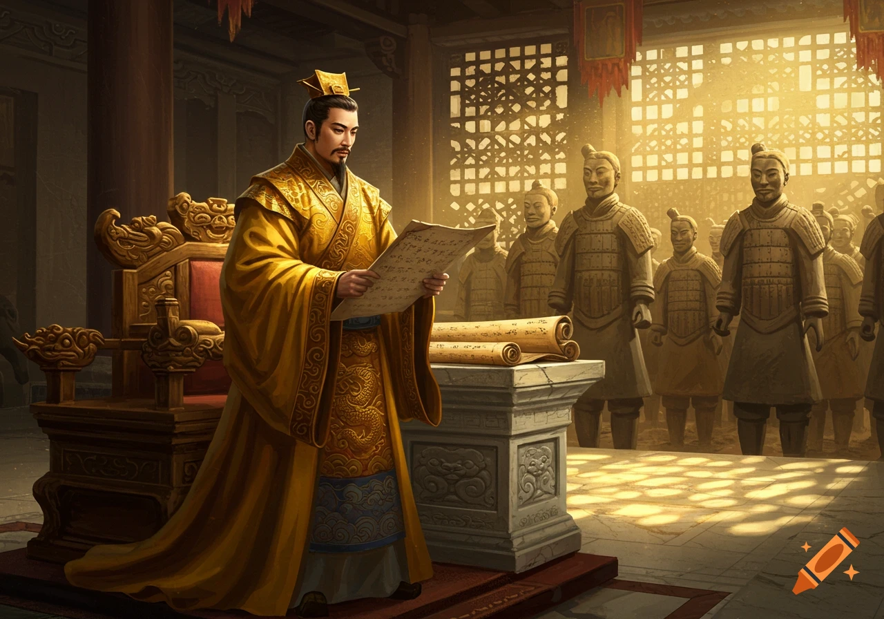 An ancient Chinese emperor in golden robes reads a scroll in a grand hall, surrounded by terracotta warrior statues.