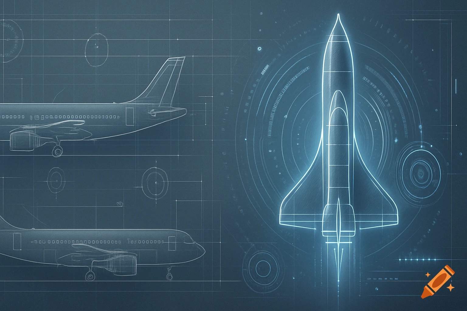 Glowing technical blueprints of an airplane and a rocket on a dark grid background.