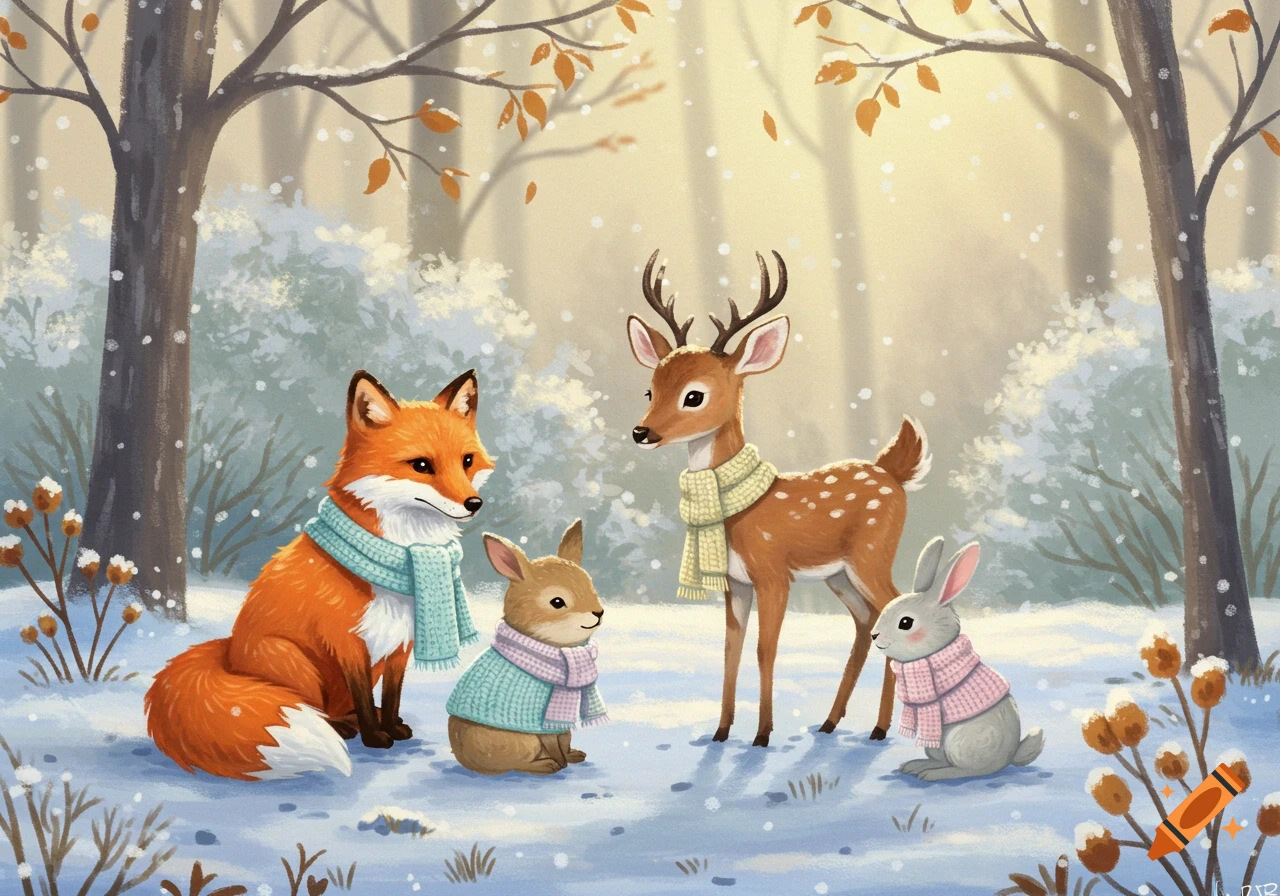 A cute fox, deer, and two rabbits wearing scarves and sweaters stand in ...