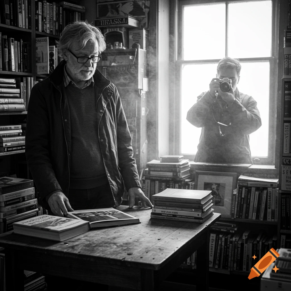A gray-haired man in glasses looks at an open book on a wooden table in a cluttered bookstore, while a person with a camera is reflected in the bright window.