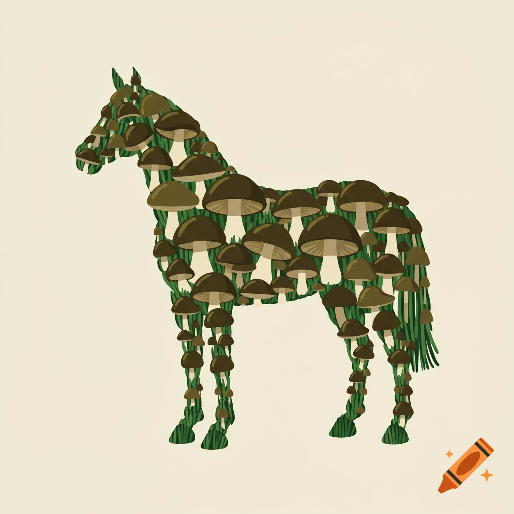 An illustration of a horse silhouette composed of mushrooms and green blades of grass against a plain background.
