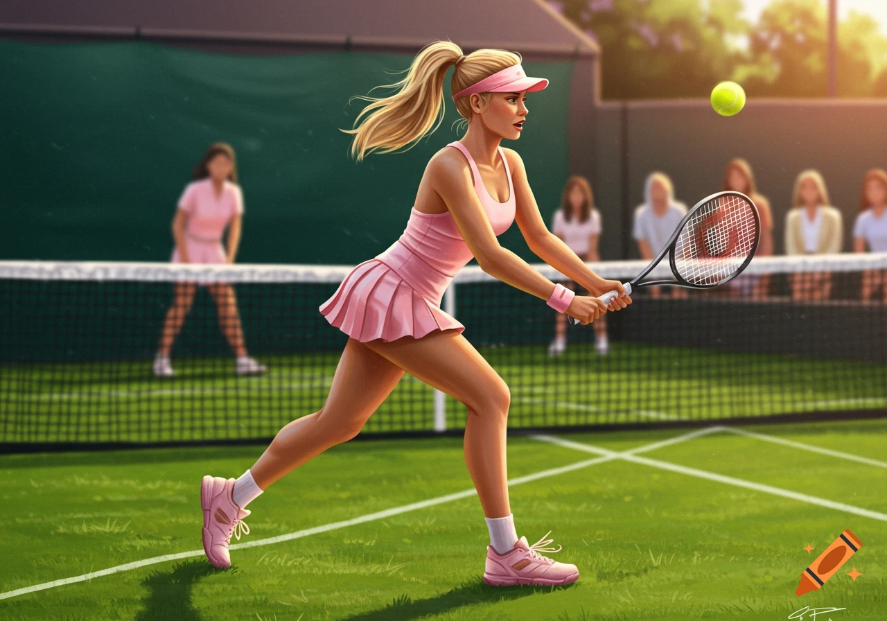 A blonde woman in a pink tennis dress and visor plays tennis on a green court, about to hit a yellow ball.