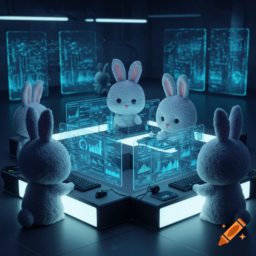 Cute fluffy bunnies intensely focused on glowing holographic screens, coding at an AI hackathon in a futuristic setting.