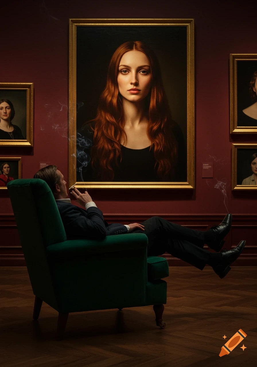 A man in a green armchair smokes, facing a large photorealistic portrait of a woman with red hair in a dim art gallery.
