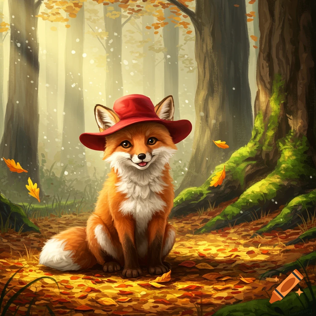 A cute, smiling fox wearing a red hat sits on a bed of fallen autumn ...