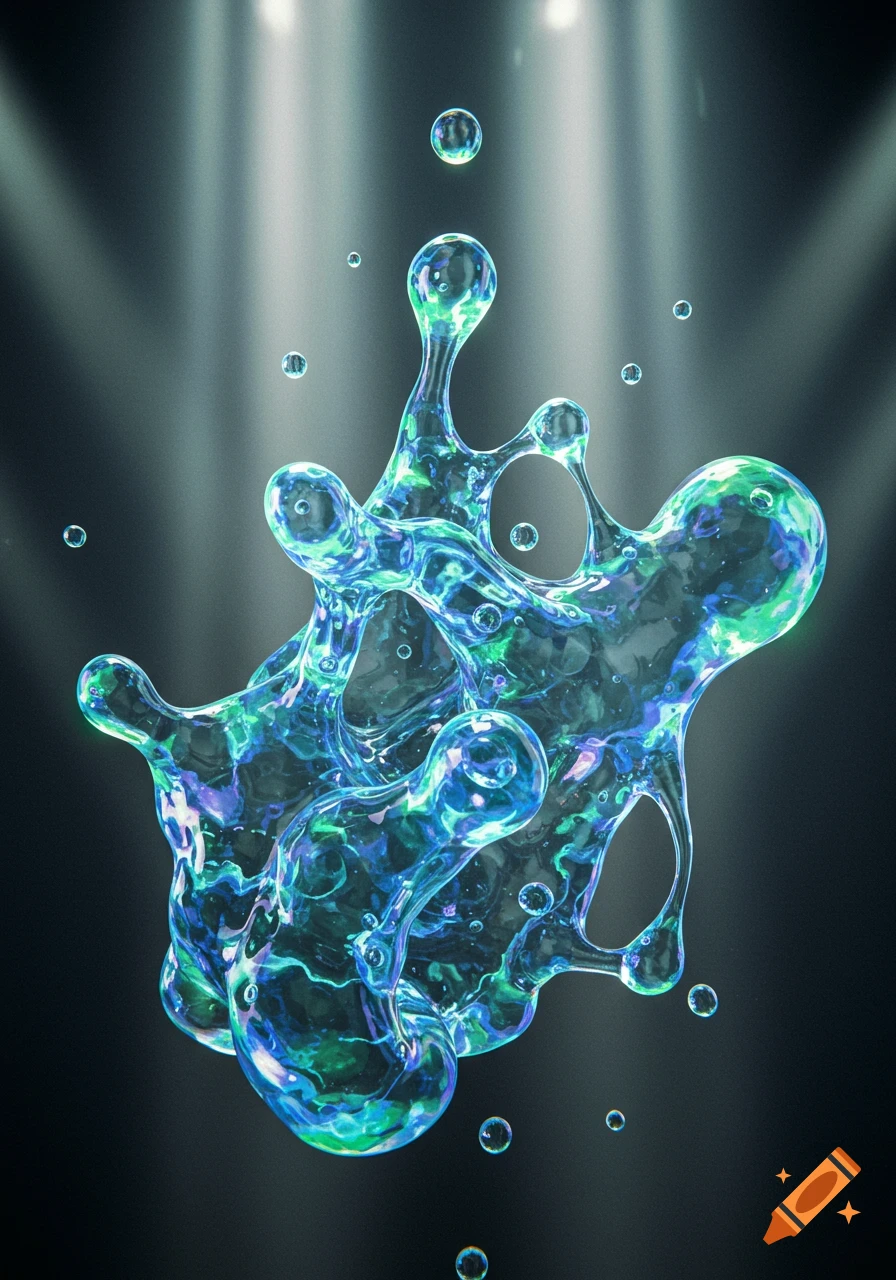 Translucent blue and green goo-like substance with smaller bubbles floating under spotlights.