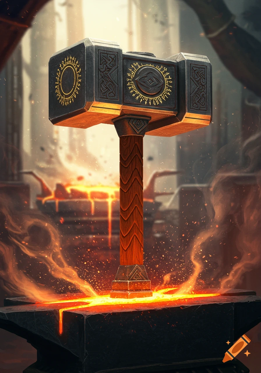 An ornate black and gold fantasy hammer with a wooden handle rests on an anvil, surrounded by molten lava and sparks in a dark forge.