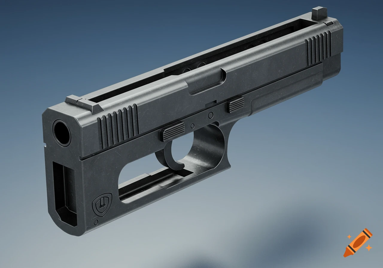 A dark gray 3D render of a Taurus PT 745 pistol's slide component, viewed at an angle against a blue-gray background.