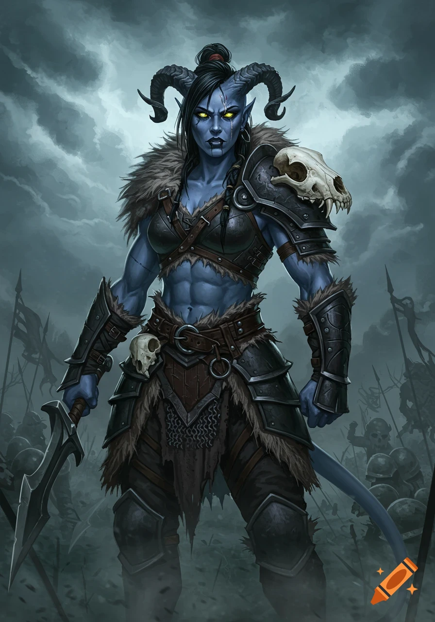Blue-skinned female Tiefling barbarian warrior with horns, glowing eyes, muscular build, and skull armor holding a sword on a battlefield.