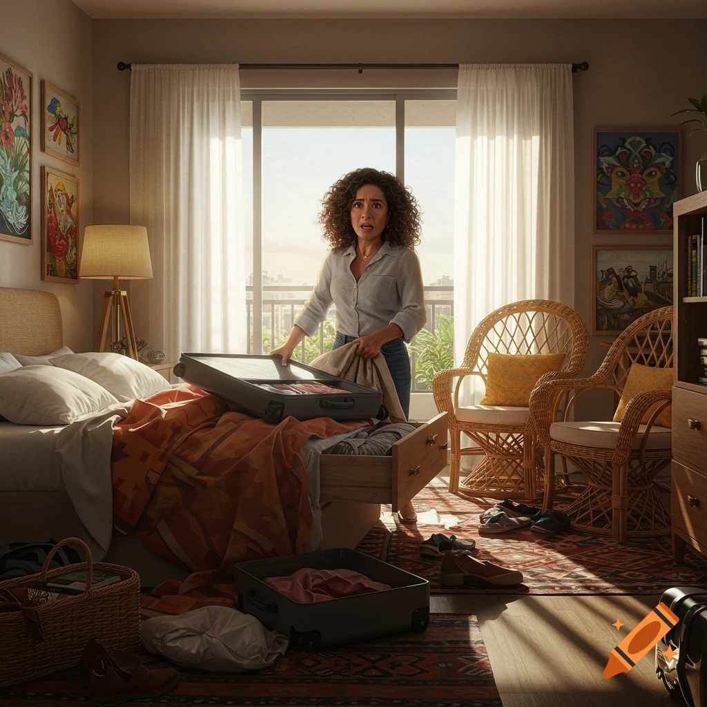 A panicked woman packs a suitcase in a messy bedroom, surrounded by scattered clothes and open drawers, with a large window in the background.