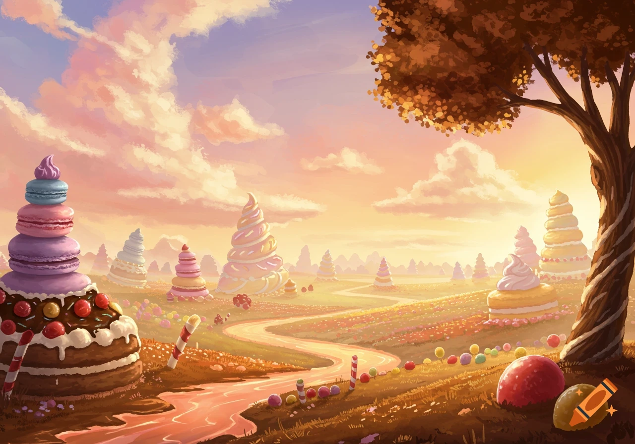 A whimsical landscape filled with various cakes and pastries, a pink river, and a large tree under a vibrant sunset sky.