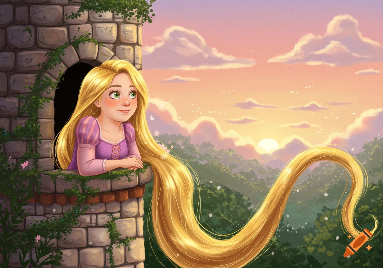Cartoon Rapunzel with long golden hair looks out from a stone tower at sunset over a forest.