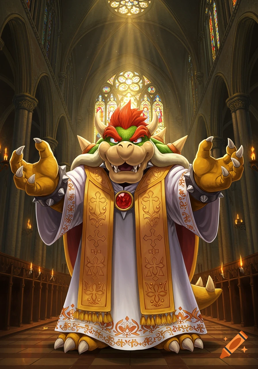 Bowser, dressed in white and gold priest vestments with ornate patterns and a red gem medallion, stands in a grand church with stained glass windows and golden light streaming in.
