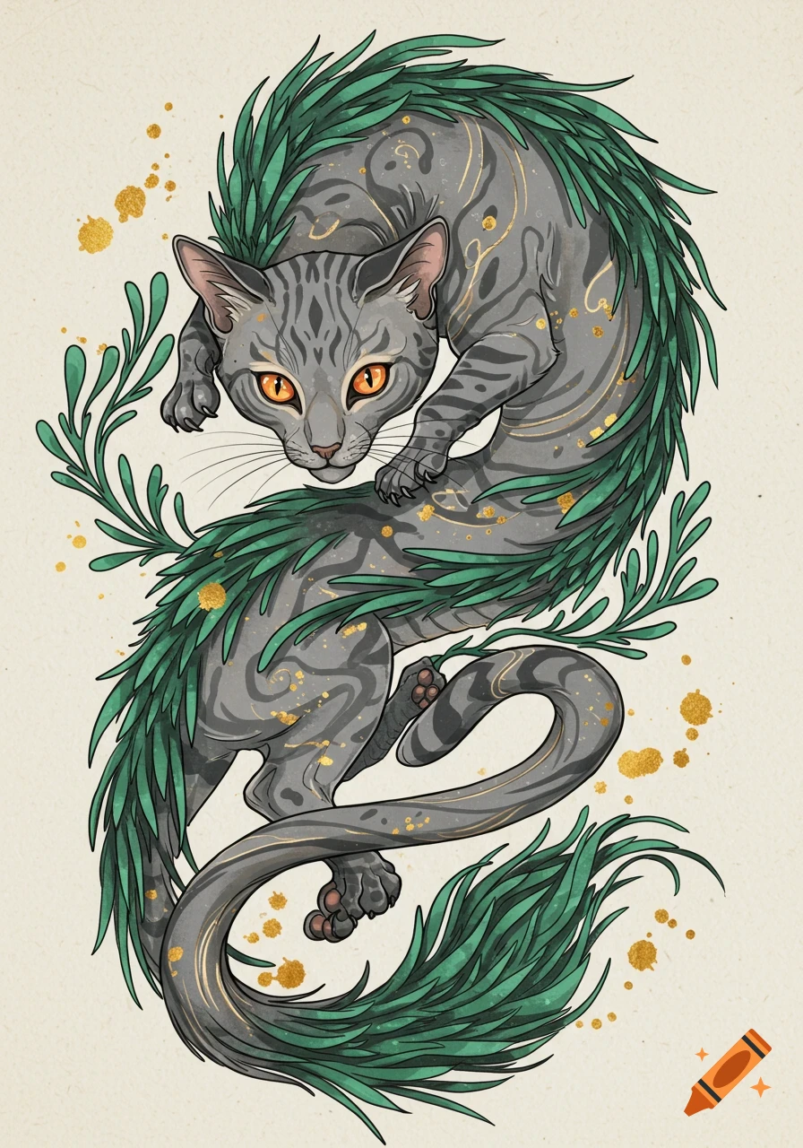 A stylized gray tabby cat with glowing orange eyes, its body intertwined with green foliage in a dragon-like form, on a light background.
