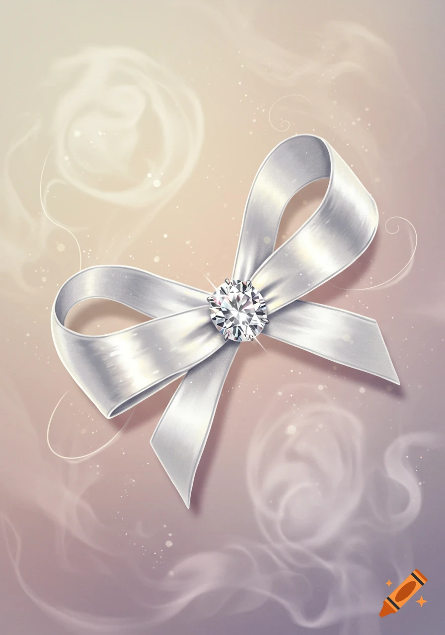A white satin ribbon tied in a bow with a sparkling round diamond in its center, on a soft, swirly light pink background.