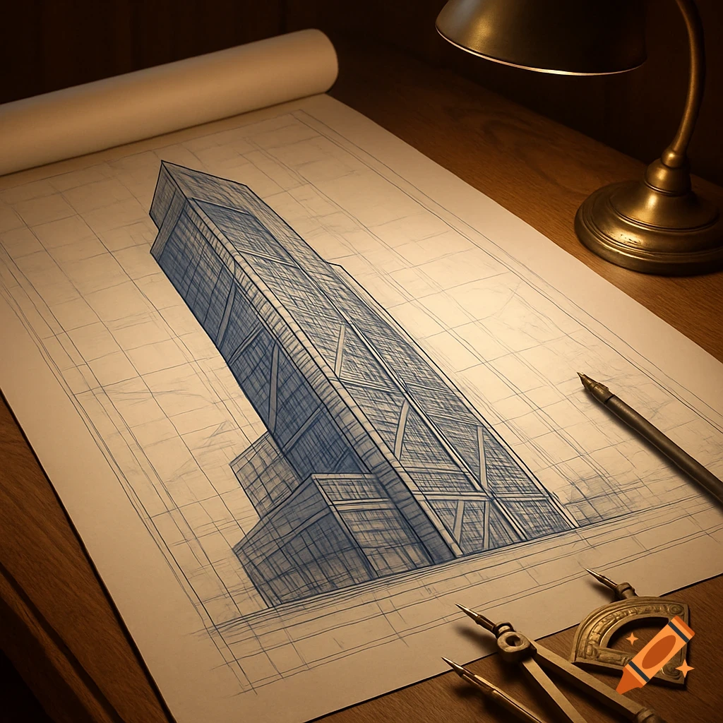 A detailed blueprint of a modern skyscraper on a wooden desk, illuminated by a desk lamp, with drafting tools and a pen nearby.