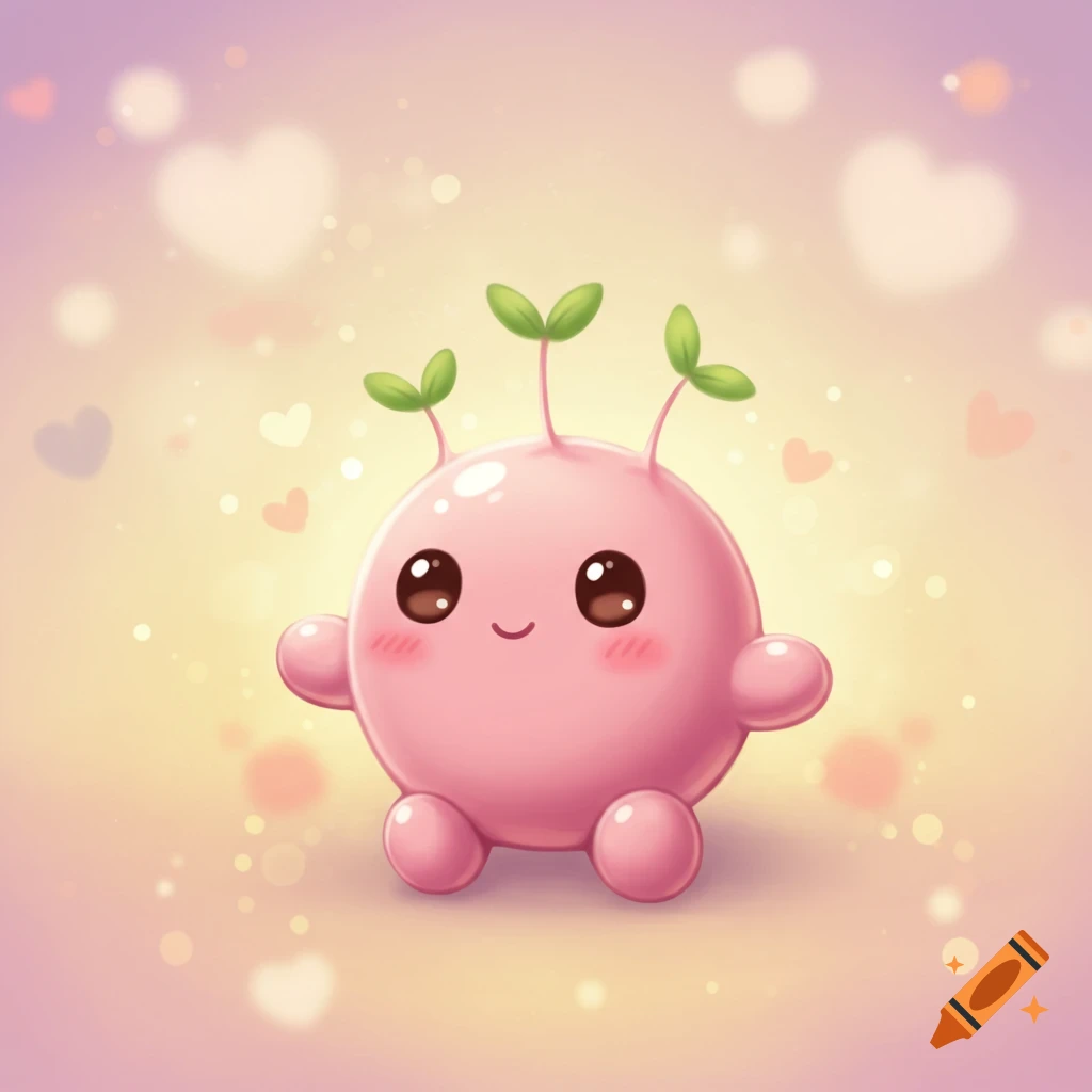 A cute, round, pink creature with big eyes, a smile, and three green sprouts on its head, against a soft, blurry background with hearts and bokeh.