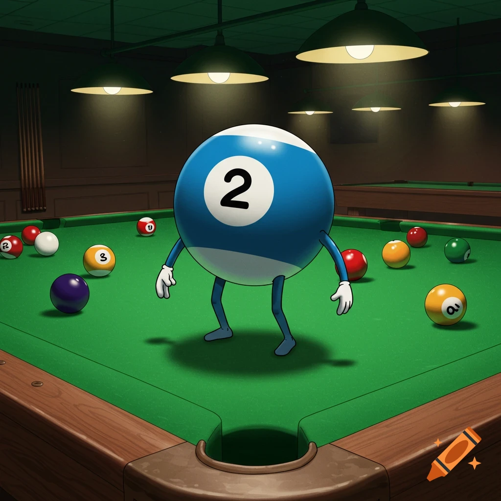 Cartoon illustration of a blue 2-ball with arms and legs standing on a pool table among other billiard balls.