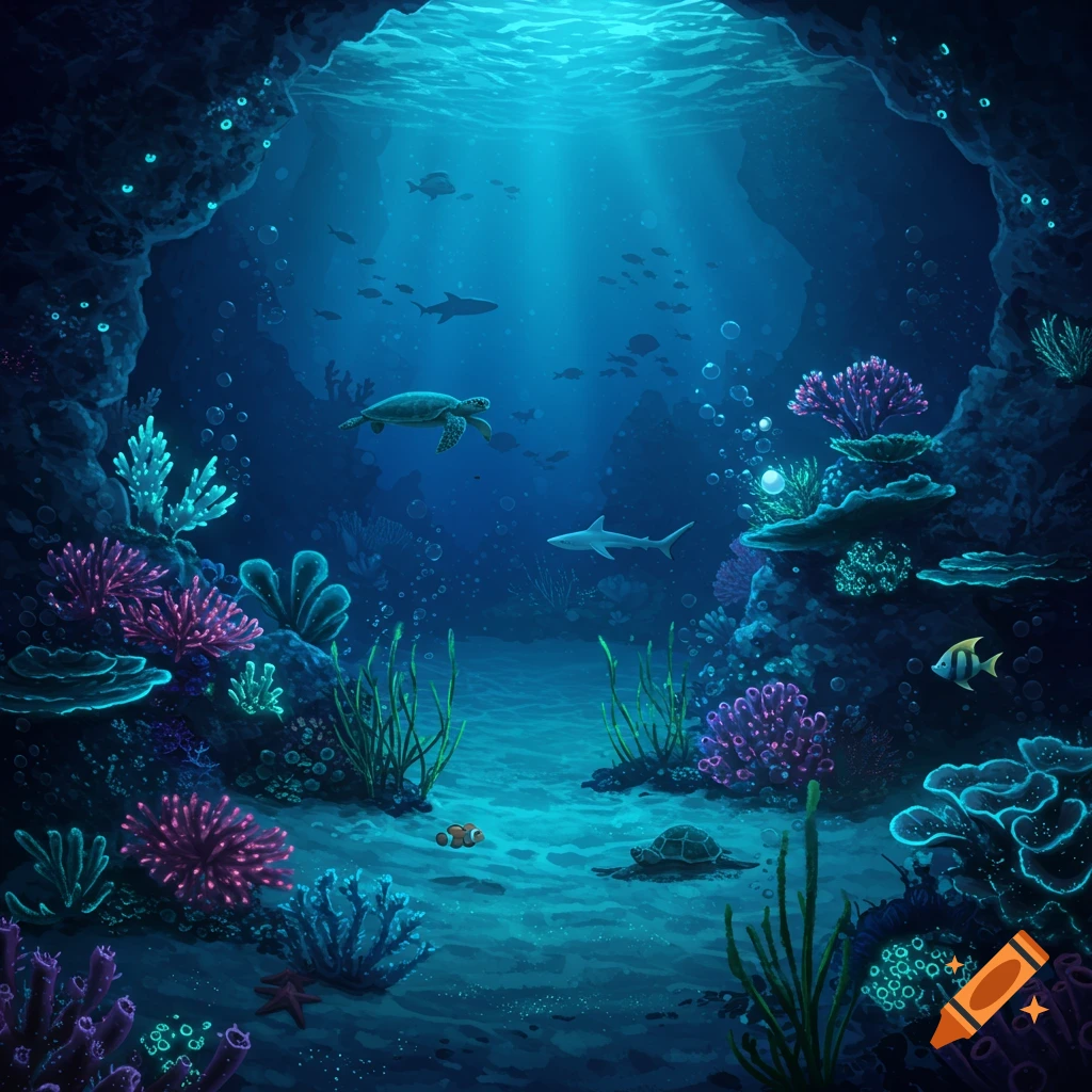Vibrant illustration of an underwater cave teeming with colorful coral, two sea turtles, a shark, and fish under rays of light.