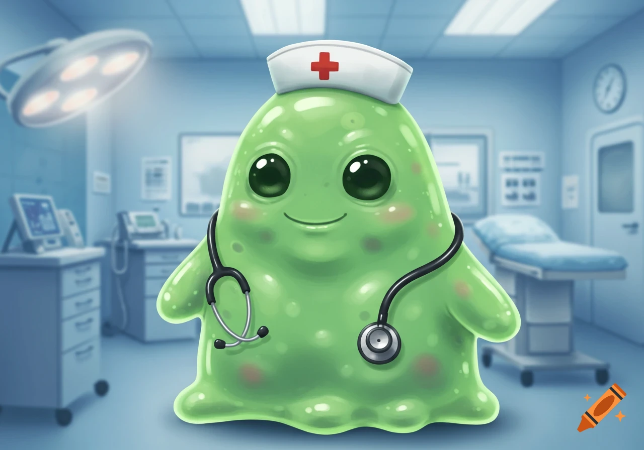 A cute green blob alien nurse with a red cross hat and stethoscope in a medical room, cartoon style.