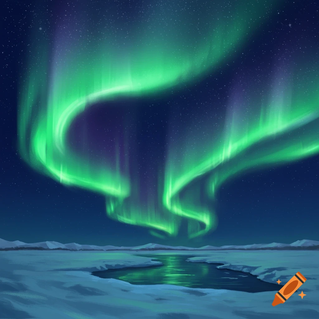 Vibrant green and purple aurora lights illuminate a starry night sky over a snow-covered landscape and reflective river.