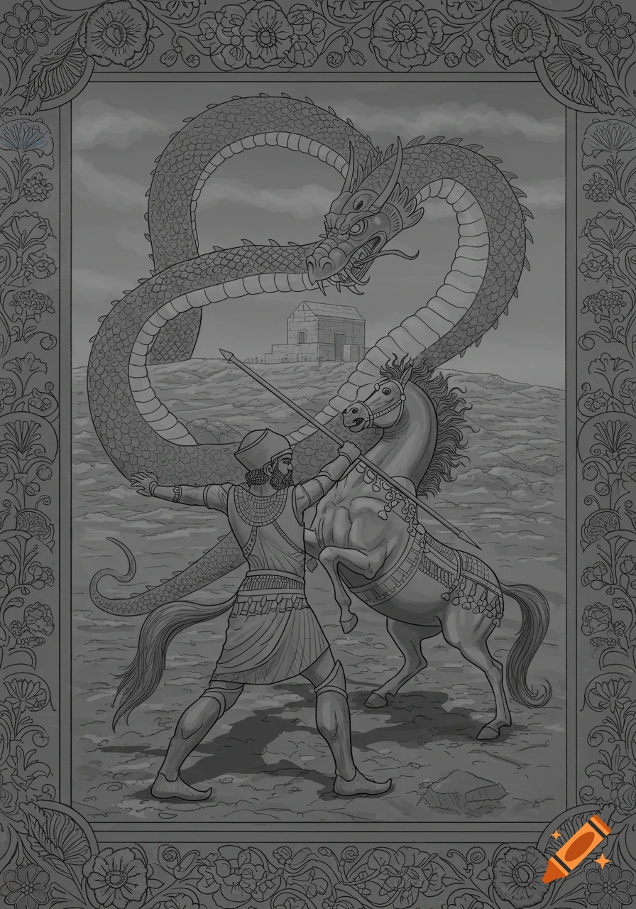An Achaemenid-inspired line art illustration of Rostam fighting a dragon, with Rakhsh the horse, against a backdrop of Cyrus's tomb. The image is framed by a decorative border of lotus flowers and column capitals.
