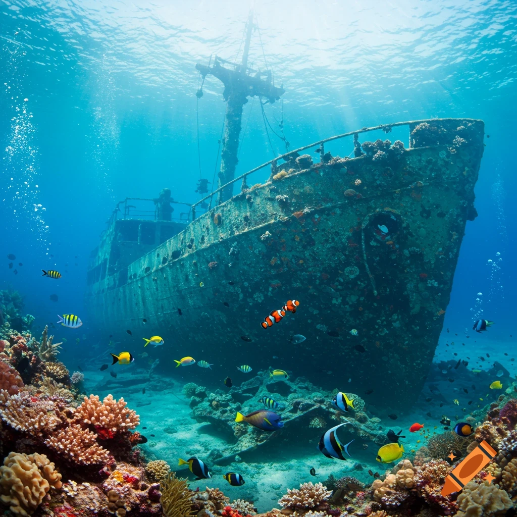 Photorealistic underwater scene of a large, mossy shipwreck on a coral reef, with schools of colorful tropical fish swimming around.