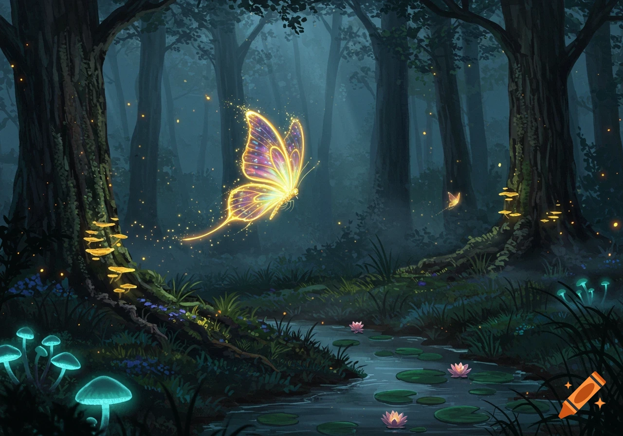 A large, glowing butterfly flies through a dark, magical forest with glowing mushrooms, a winding stream, and pink water lilies.