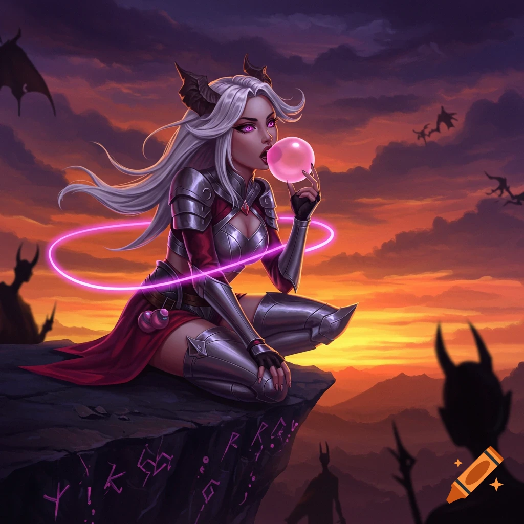 A demon huntress with white hair and horns in armor, blowing a pink bubblegum bubble, sits on a cliff overlooking a sunset landscape with silhouetted demons and bats. A glowing pink ring hovers around her.