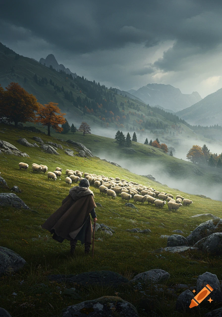 A shepherd in a cloak stands on a grassy mountain slope, looking at a ...