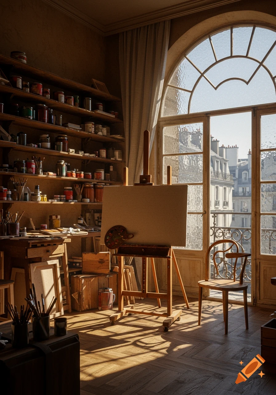 A sunlit artist's studio with an easel, paint supplies on shelves, and a large arched window overlooking a city.