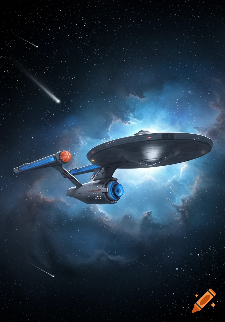 The USS Enterprise spaceship flying through a starry blue nebula with shooting stars.