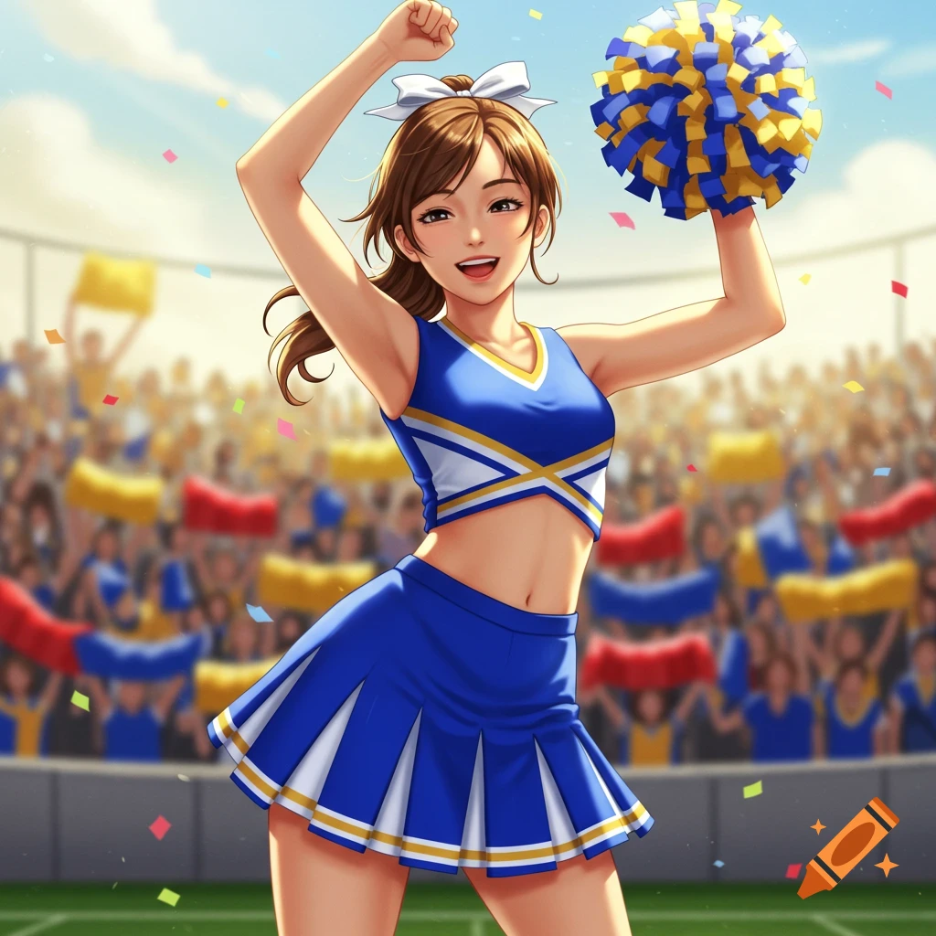 A smiling cheerleader in a blue, white, and yellow uniform with pom-poms, posing in a stadium with a cheering crowd, digital art style.
