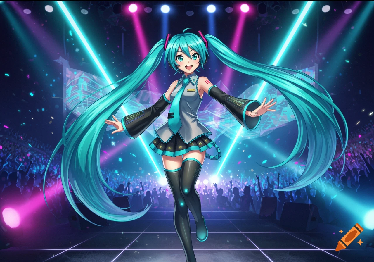 Hatsune Miku performs on a vibrant neon-lit concert stage, smiling with arms outstretched.