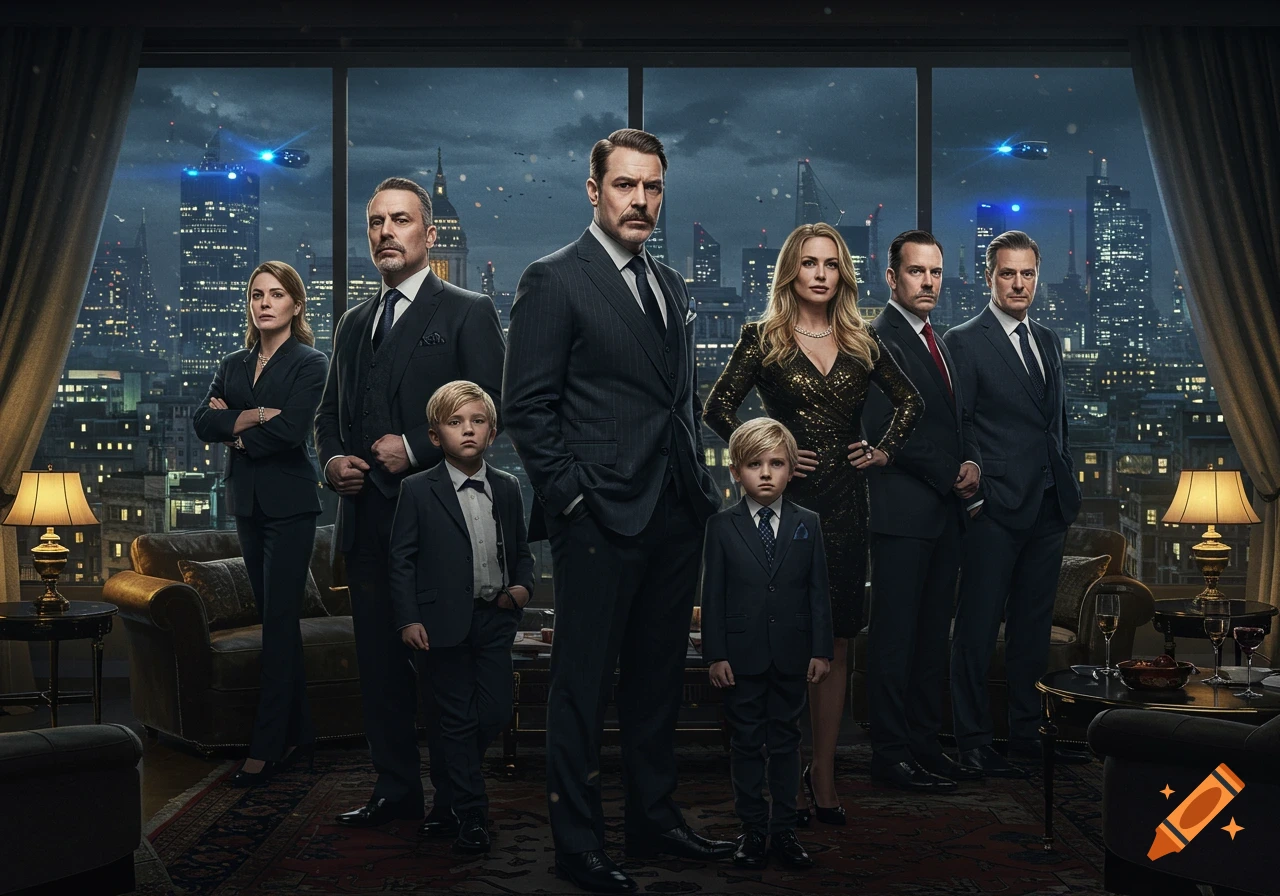 A photorealistic group portrait of seven people, including two young boys, in formal attire, standing in a luxurious room with a nighttime cityscape view.