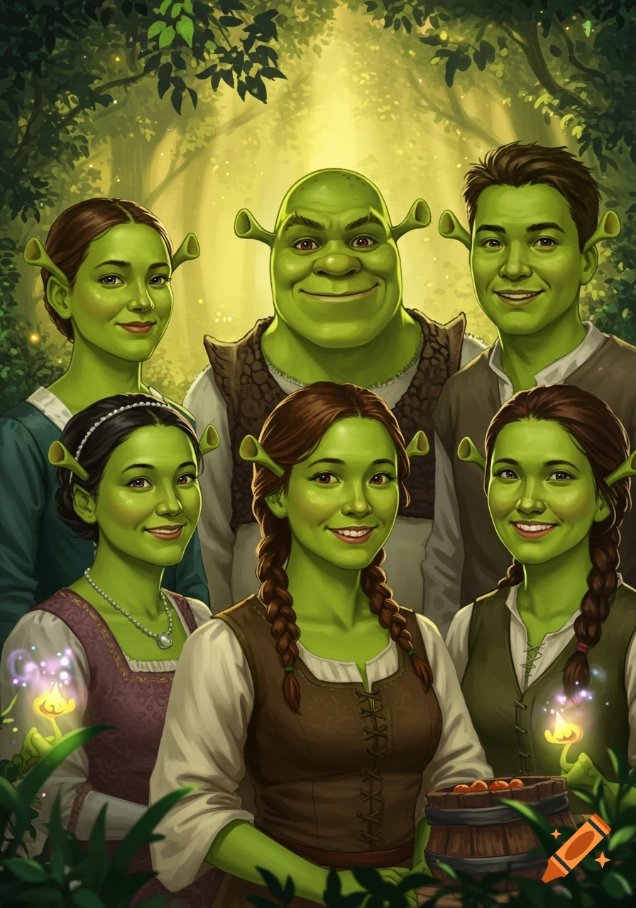 Shrek and five human-like characters with green skin and ogre ears in a lush, sun-dappled fairytale forest.