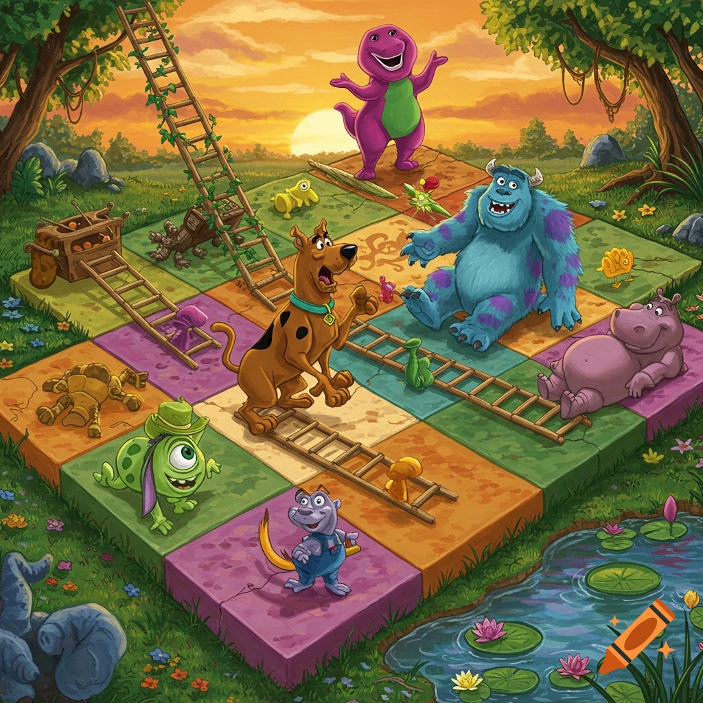 Animated characters Scooby Doo, Barney, Sully, a hippo, and a one-eyed green monster on a colorful Chutes and Ladders game board in a vibrant outdoor setting at sunset.