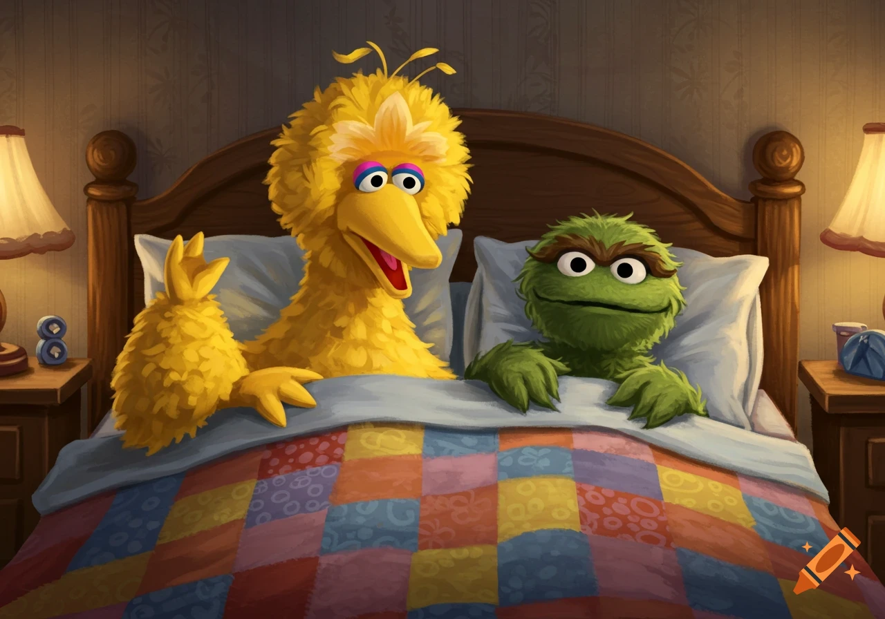 Big Bird and Oscar the Grouch are tucked into a bed with a colorful quilt in a warmly lit bedroom at night.