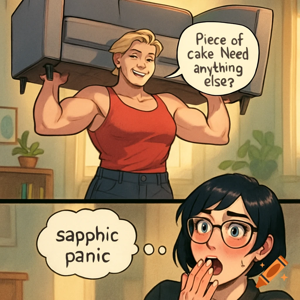 Digital comic: A muscular woman lifts a couch, saying "Piece of cake"; her friend blushes intensely, thinking "sapphic panic".