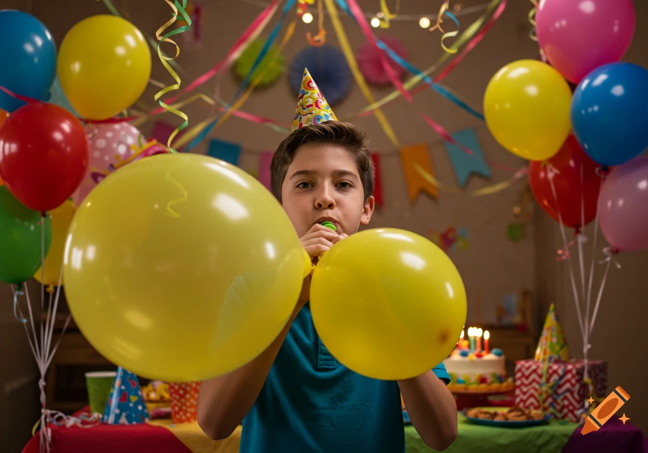 A young boy in a party hat blows up a large yellow balloon at a colorful birthday party with many balloons and streamers.