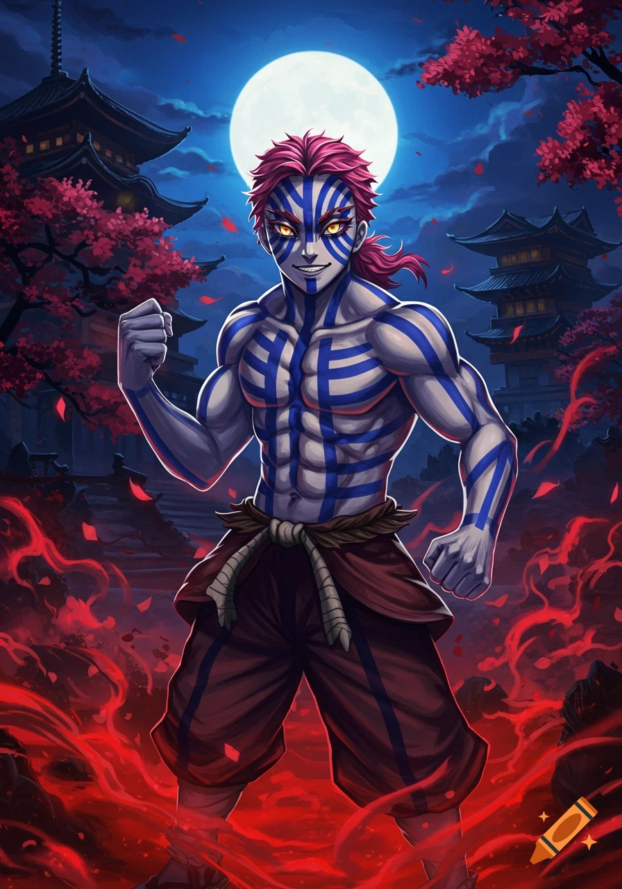 Akaza, a muscular anime man with pink hair and blue body stripes, stands flexing under a full moon with pagodas and red energy.