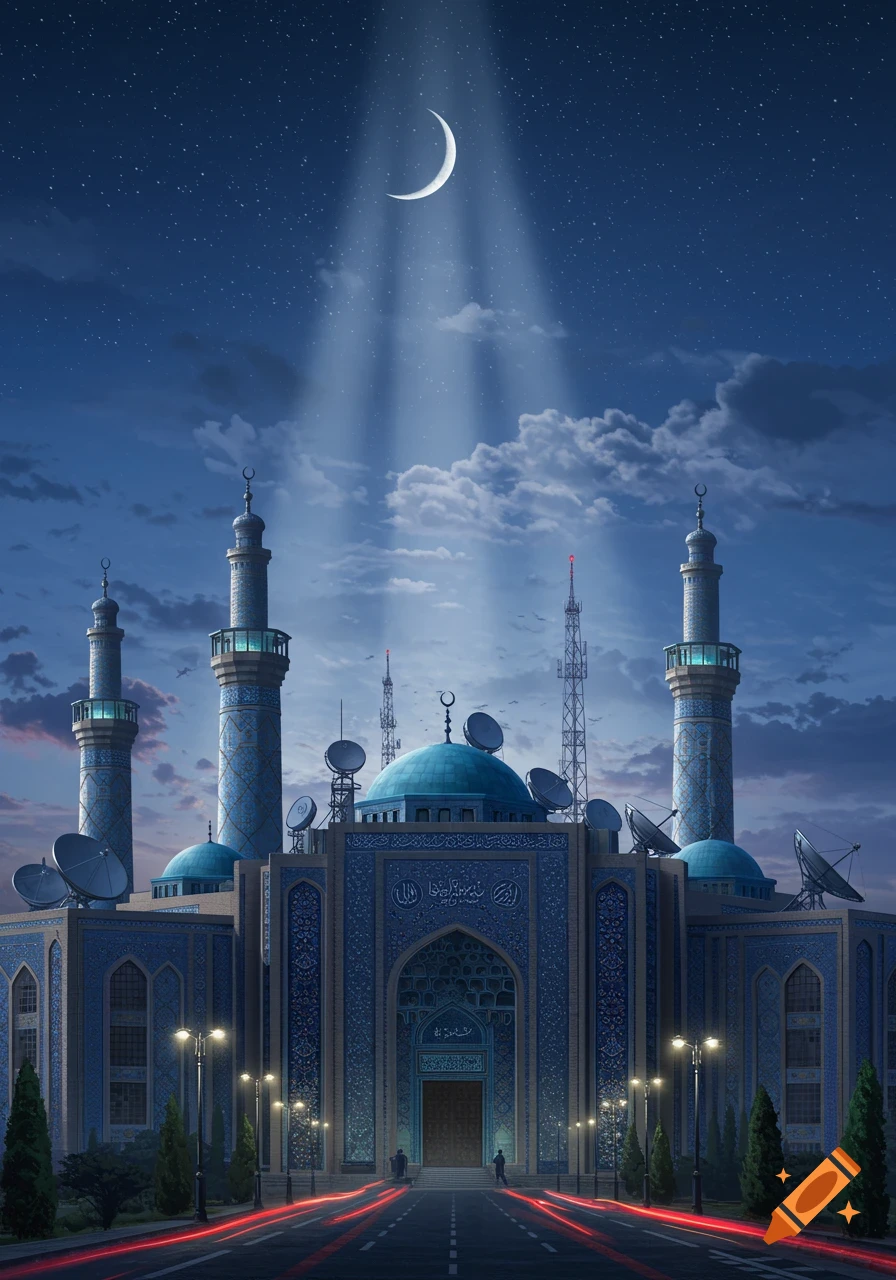 A detailed blue mosque at night under a crescent moon with light rays, minarets, satellite dishes, streetlights, and red car light trails.